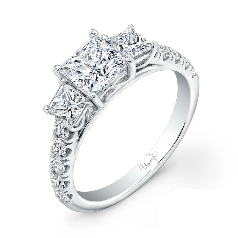 Ladies engagement rings classic designs-Uneek Princess-Cut Diamond Three-Stone Engagement Ring with Pave Upper Shank