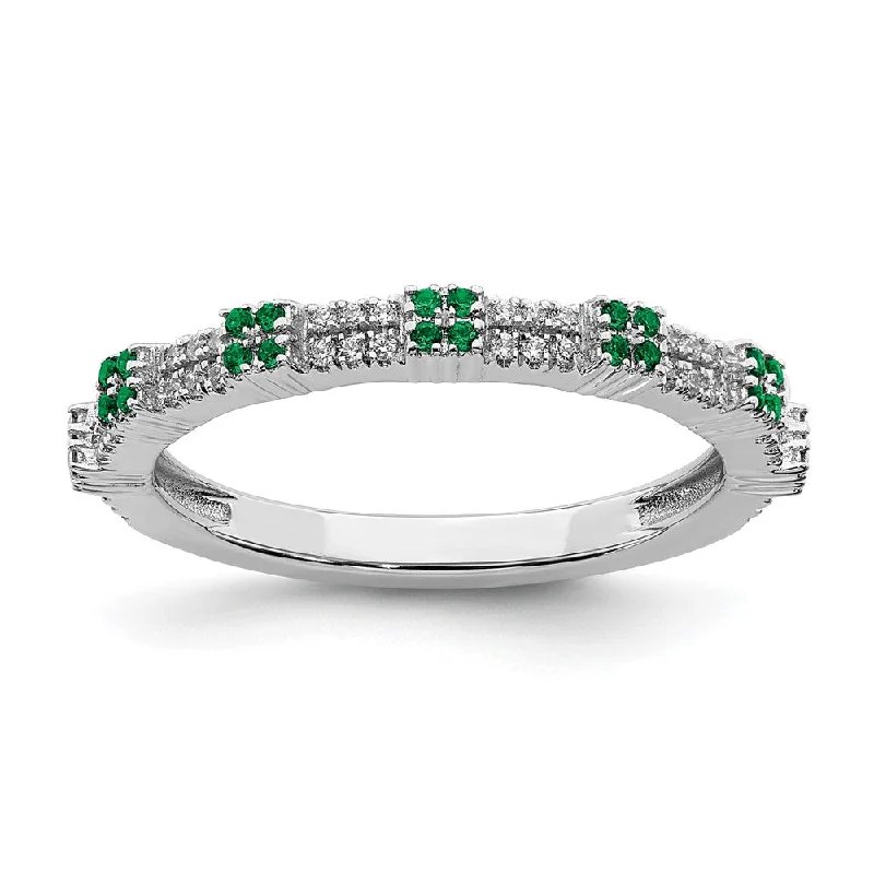 Ladies rings designer brands-2.5mm Rhodium Sterling Silver, Created Emerald & Diamond Stack Band