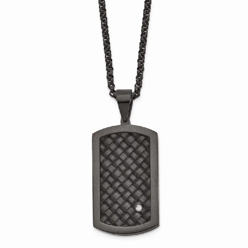 Ladies necklaces heartfelt keepsakes-Stainless Steel Brushed Blk Leather Blk IP CZ Dogtag Necklace