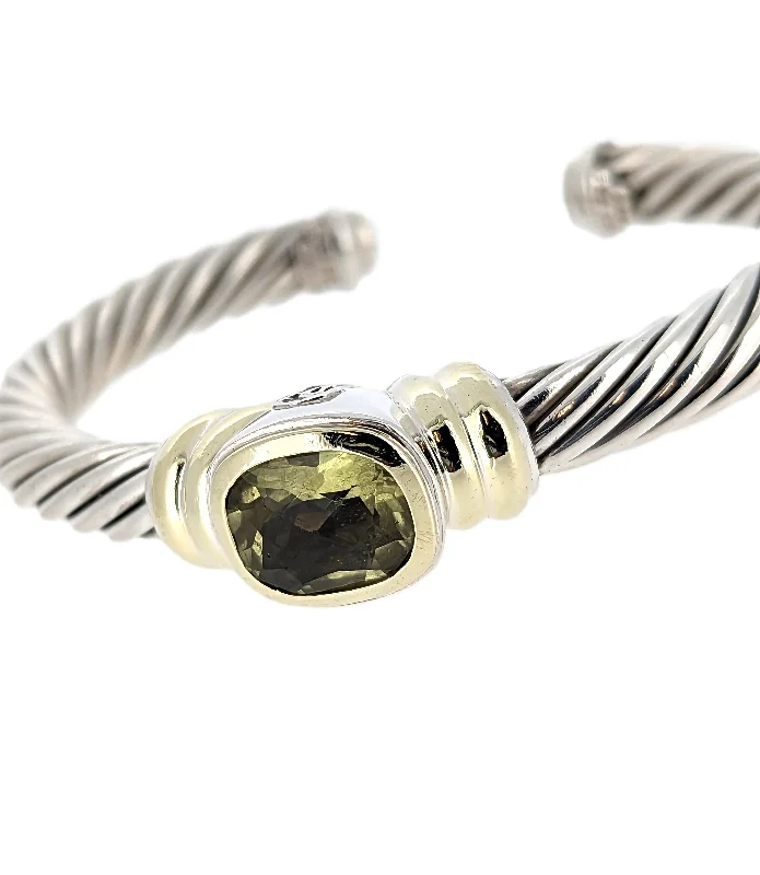 Ladies bracelets cultural flair-David Yurman Sterling Silver & 14K Yellow Gold Peridot Cable Cuff Bracelet