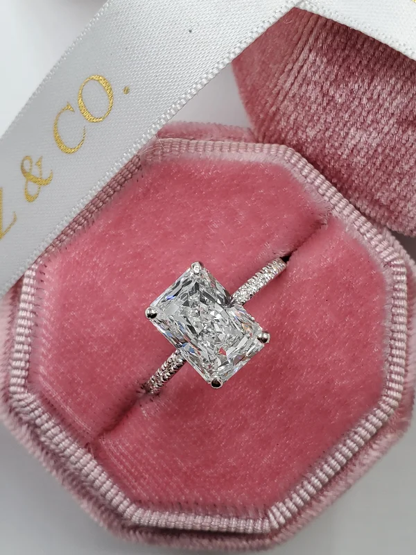 Ladies engagement rings price options-3.41 Carats Elongated Radiant Cut Micropaved Side Stones Hidden Halo Diamond Engagement Ring