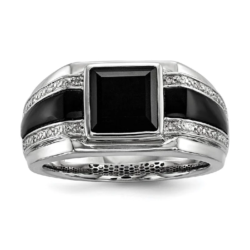 Ladies rings sentimental value-Mens White Diamond & Black Onyx 11.5mm Tapered Band in Sterling Silver