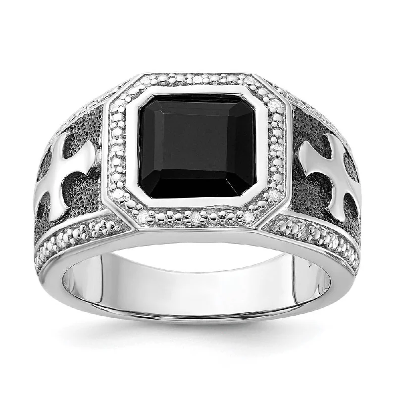 Ladies rings white gold-Black Onyx & Diamond Octagon & Cross Tapered Ring in Sterling Silver