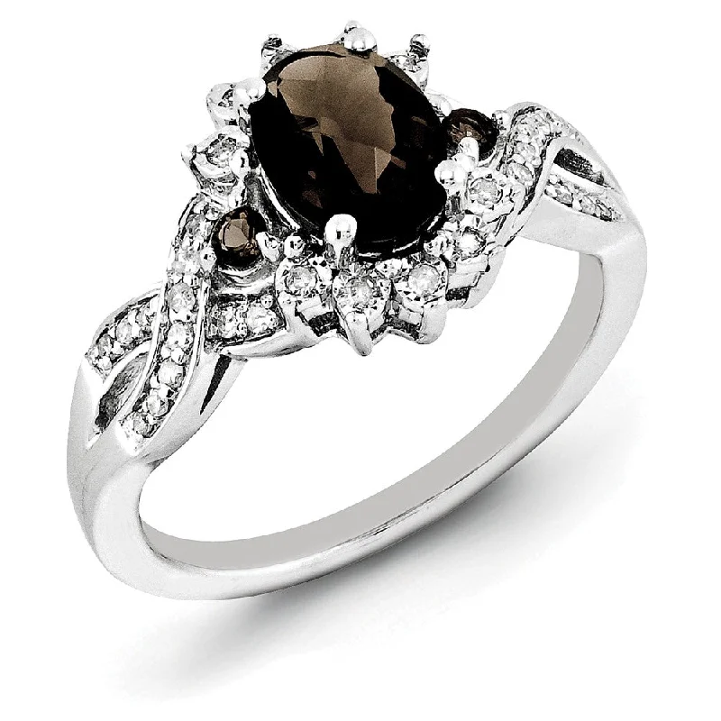 Ladies rings silver finishes-Oval Smoky Quartz & .15 Ctw Diamond Halo Sterling Silver Ring