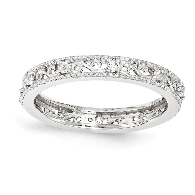 Ladies rings index finger-3mm Sterling Silver Stackable Expressions White Topaz Scroll Band