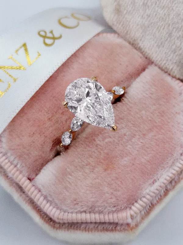 Ladies engagement rings budget picks-3.73 Carats Lab Grown Pear Shaped with Marquise Side Stones Hidden Halo Diamond Engagement Ring