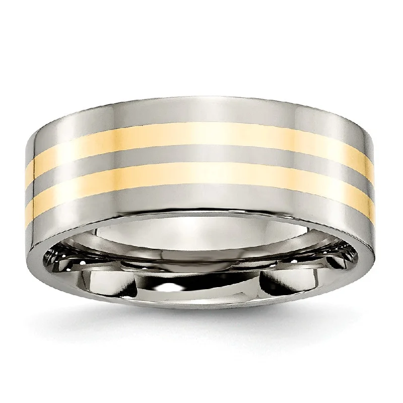 Ladies rings silver finishes-Titanium and 14K Gold Double Striped, 8mm Flat Unisex Comfort Fit Band