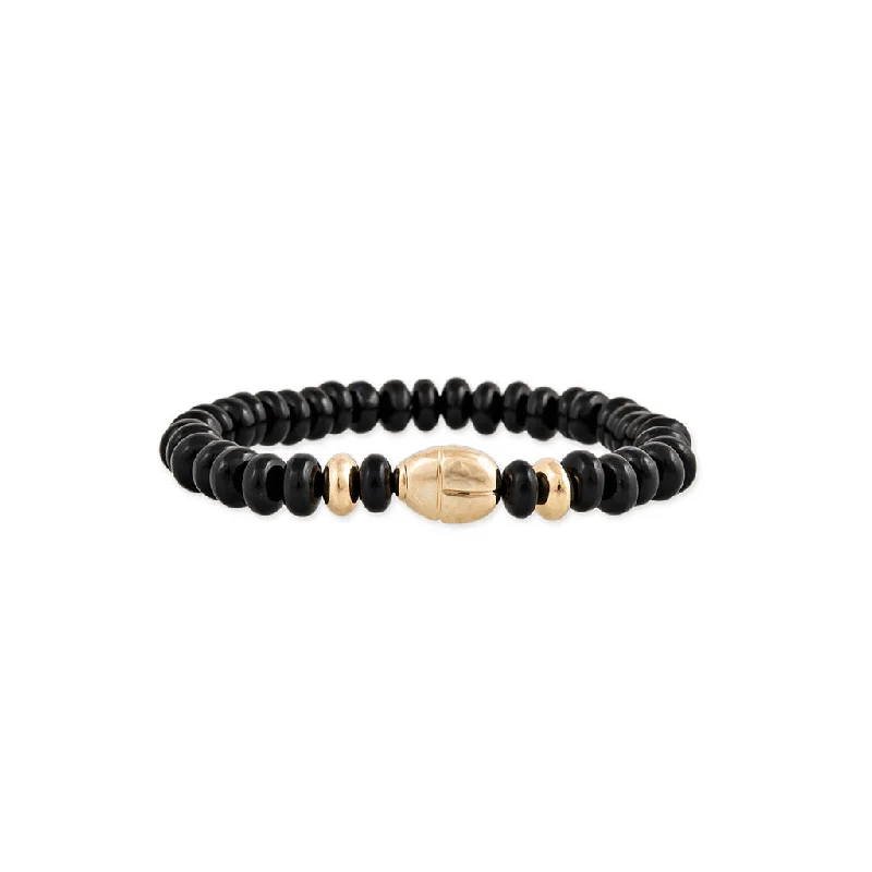 Ladies bracelets plated gold-SCARAB + GOLD AND ONYX BEADED STRETCH BRACELET