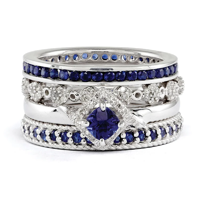 Ladies rings open patterns-Sterling Silver, Created Sapphire & Diamond Paradise Stack Ring Set