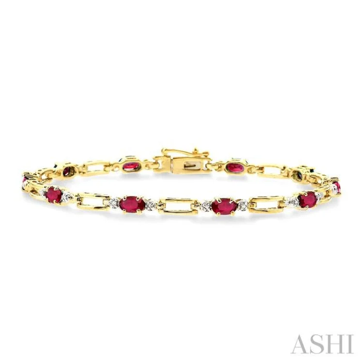 Ladies bracelets perfect gifts-1/10 Ctw Round Cut Diamond & 5x3MM Oval Cut Ruby Precious  Bracelet in 10K Yellow Gold