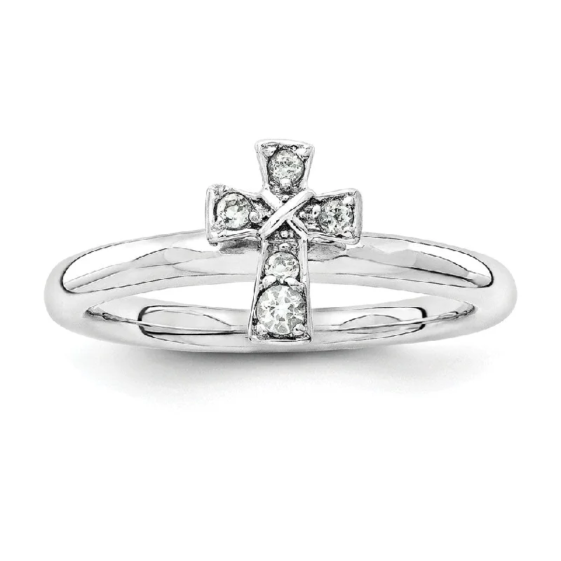 Ladies rings bohemian charm-Rhodium Plated Sterling Silver Stackable White Topaz 9mm Cross Ring