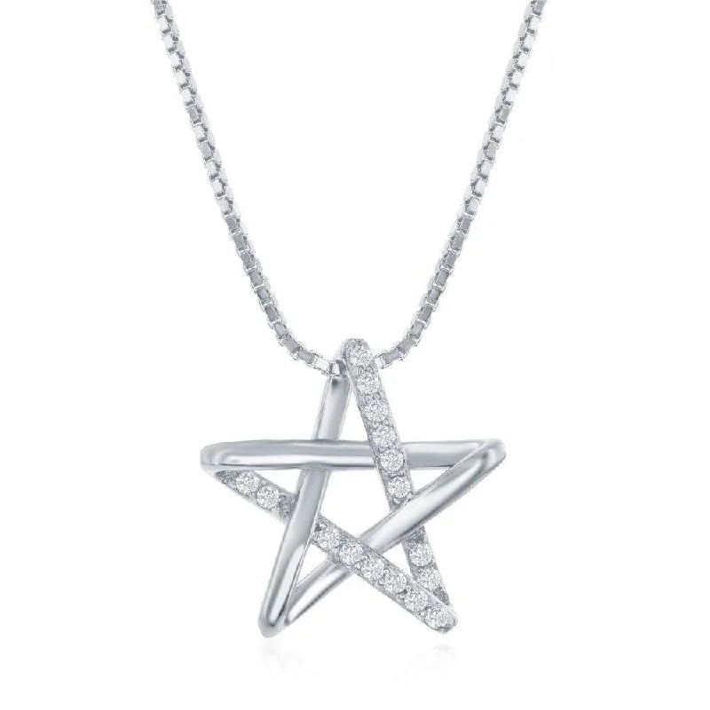 Ladies necklaces festive gifts-Sterling Silver Rhodium Plated Cubic Zirconia Star Necklace