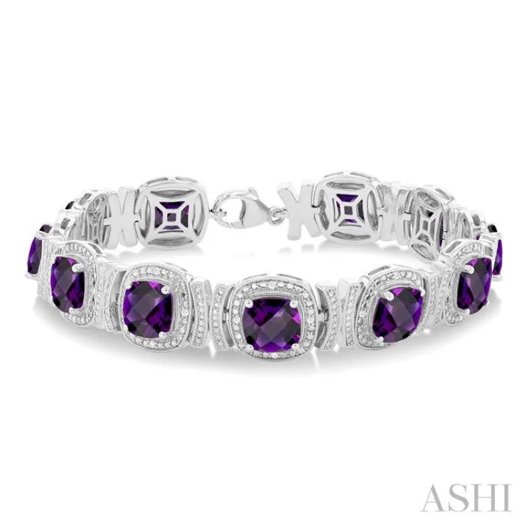 Ladies bracelets bespoke styles-1/10 ctw Cushion Cut 7X7MM Amethyst and Round Cut Diamond Semi Precious Bracelet in Sterling Silver