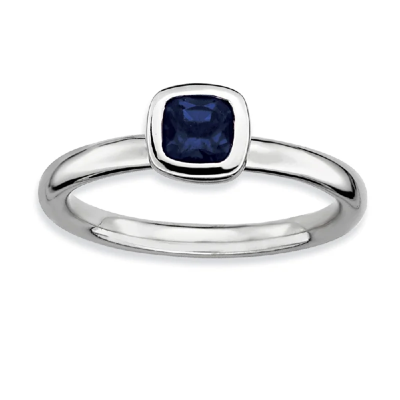 Ladies rings price options-Silver Stackable Cushion Cut Created Sapphire Solitaire Ring