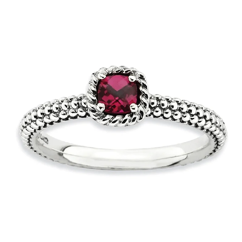 Ladies rings natural stones-Antiqued Sterling Silver Stackable Created Ruby Ring