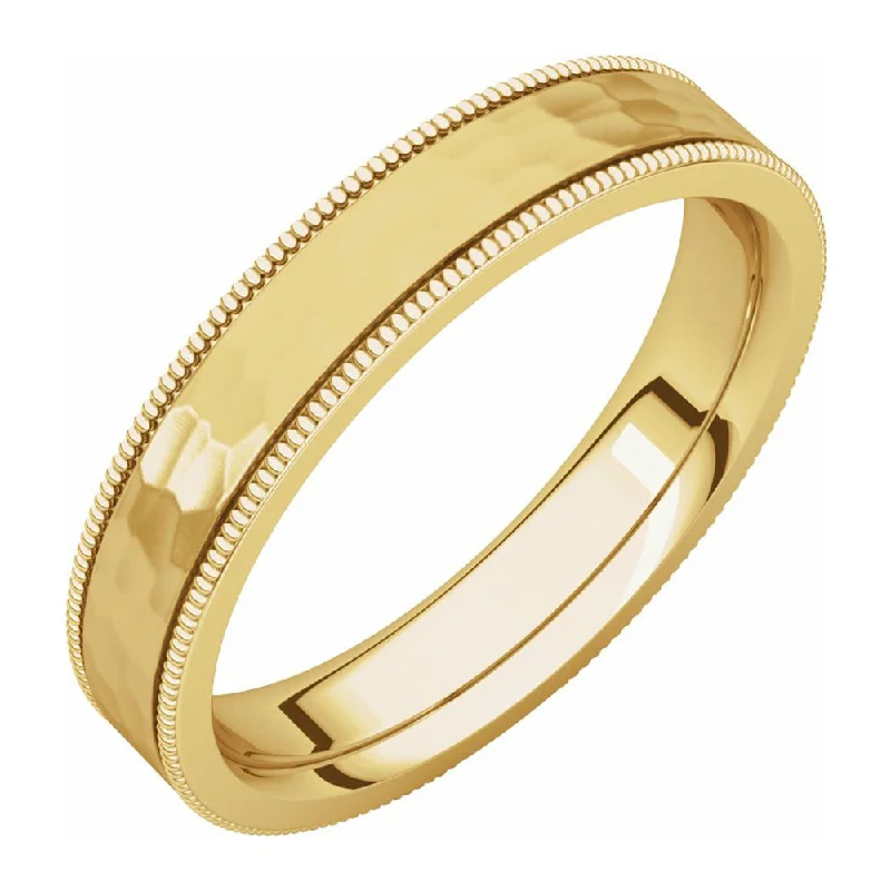 Ladies rings office looks-4mm 14K Yellow Gold Milgrain Hammered Flat Comfort Fit Band