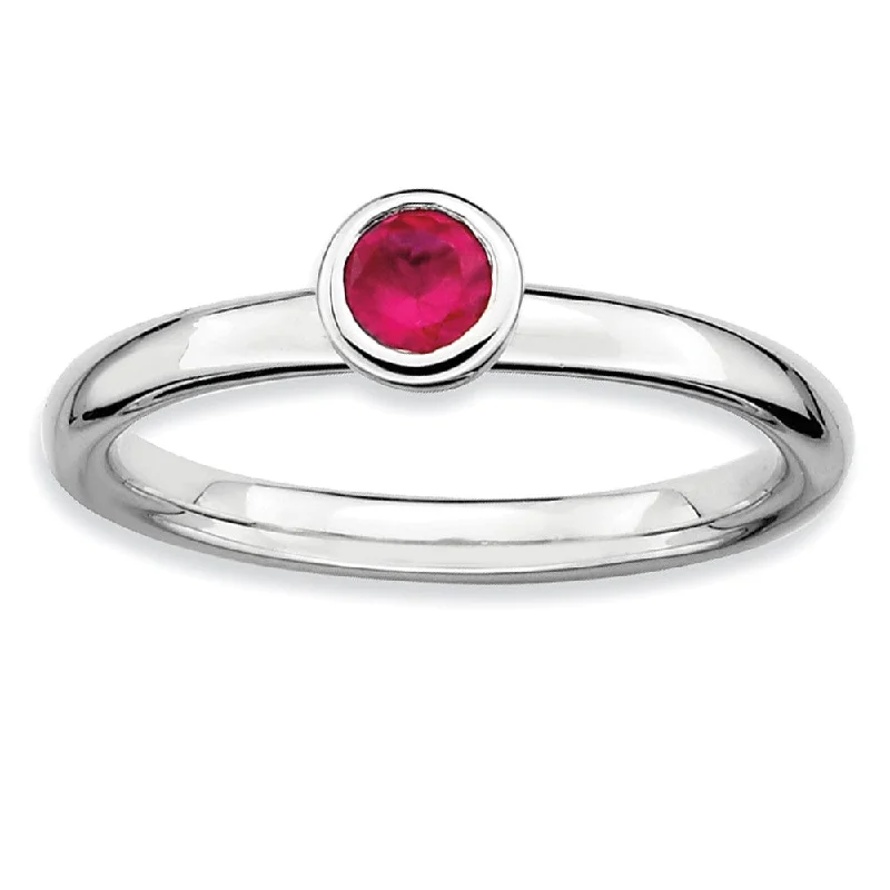 Ladies rings Christmas styles-Stackable Low Profile 4mm Created Ruby Sterling Silver Ring