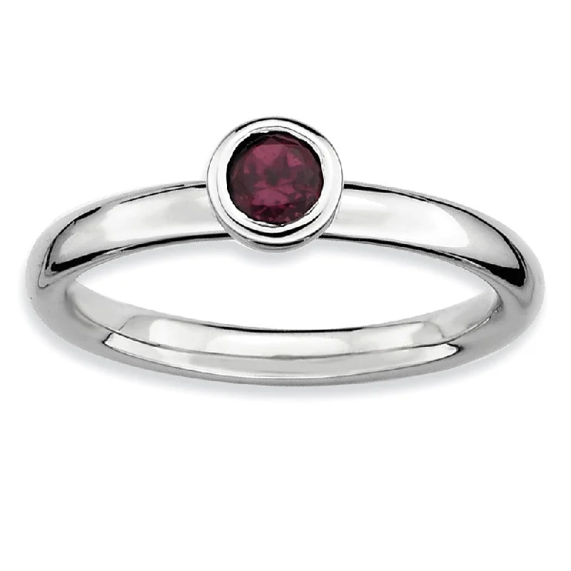 Ladies rings silver finishes-Stackable Low Profile 4mm Rhodolite Garnet Silver Ring