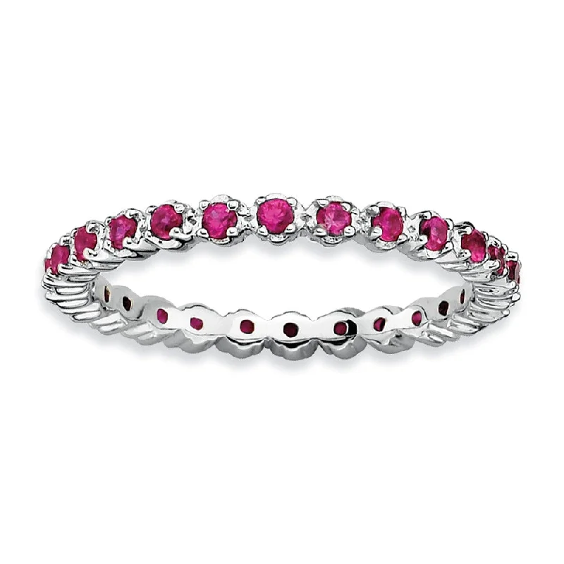 Ladies rings wedding accessories-Sterling Silver Stackable Prong Set Created Ruby 2.25mm Band