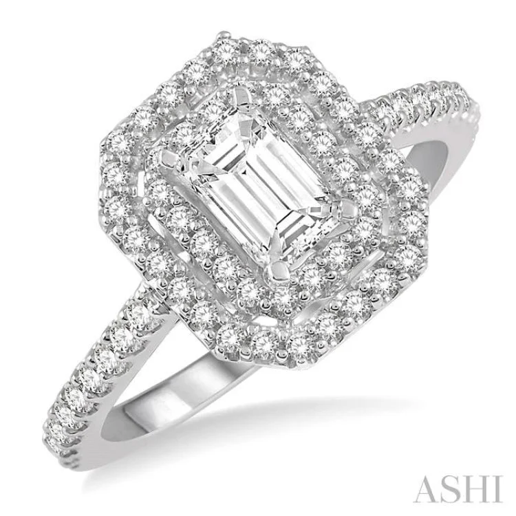 Ladies engagement rings white gold-1/2 Ctw Diamond Ladies Engagement Ring with 1/4 Ct Emerald Cut Center Stone in 14K White Gold