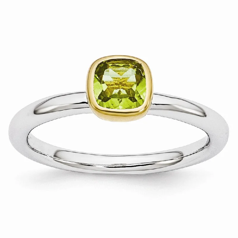 Ladies rings unique finds-Two Tone Sterling Silver Stackable 5mm Cushion Peridot Ring