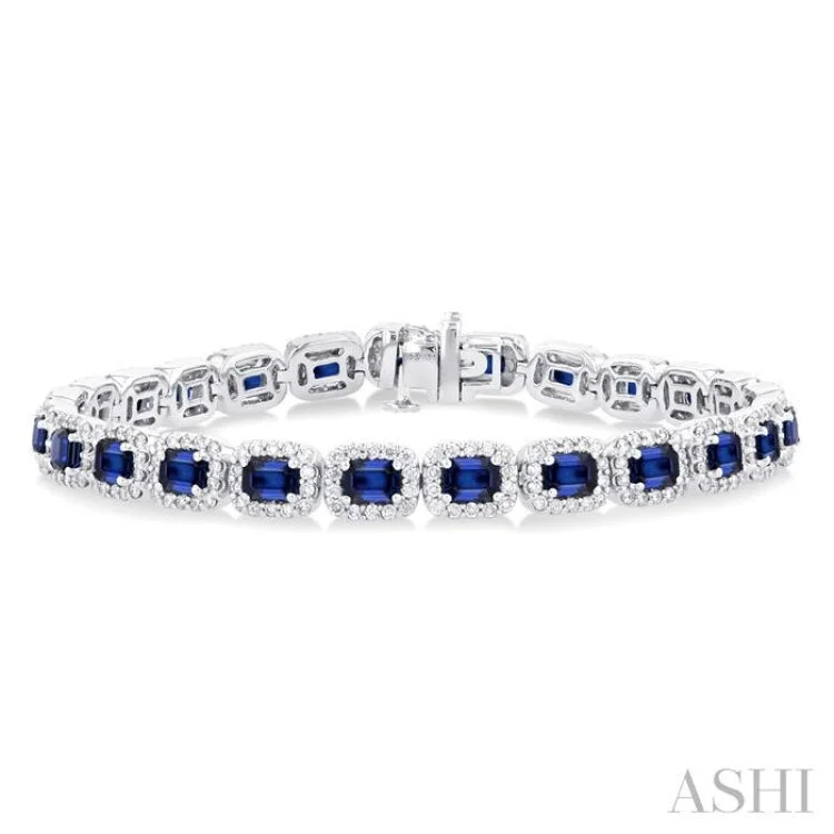 Ladies bracelets age styles-2 1/5 ctw 4X3MM Sapphire and Round Cut Diamond Halo Precious Tennis Bracelet in 14K White Gold