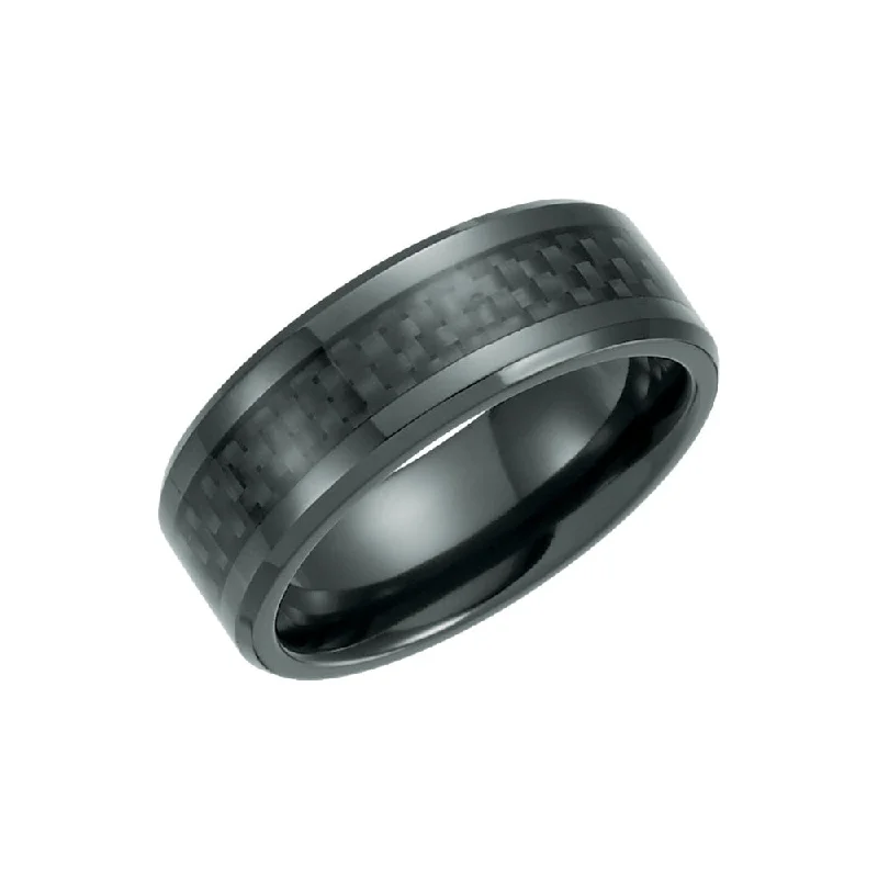 Ladies rings animal themes-8mm Black Titanium & Black Carbon Fiber Beveled Comfort Fit Band