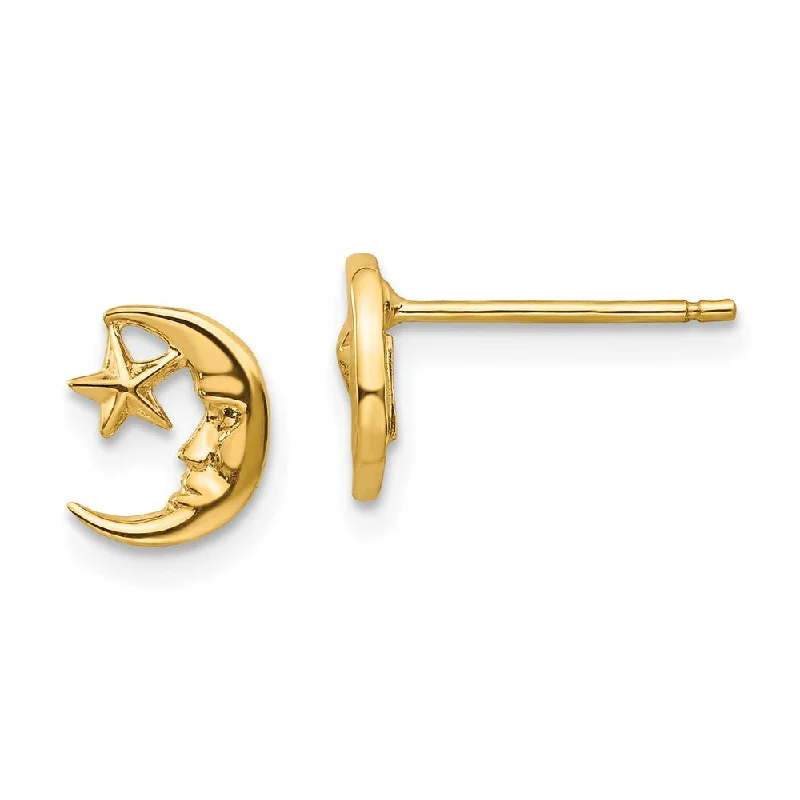 Ladies earrings handmade crafts-Mini Crescent Moon and Star Post Earrings in 14k Yellow Gold