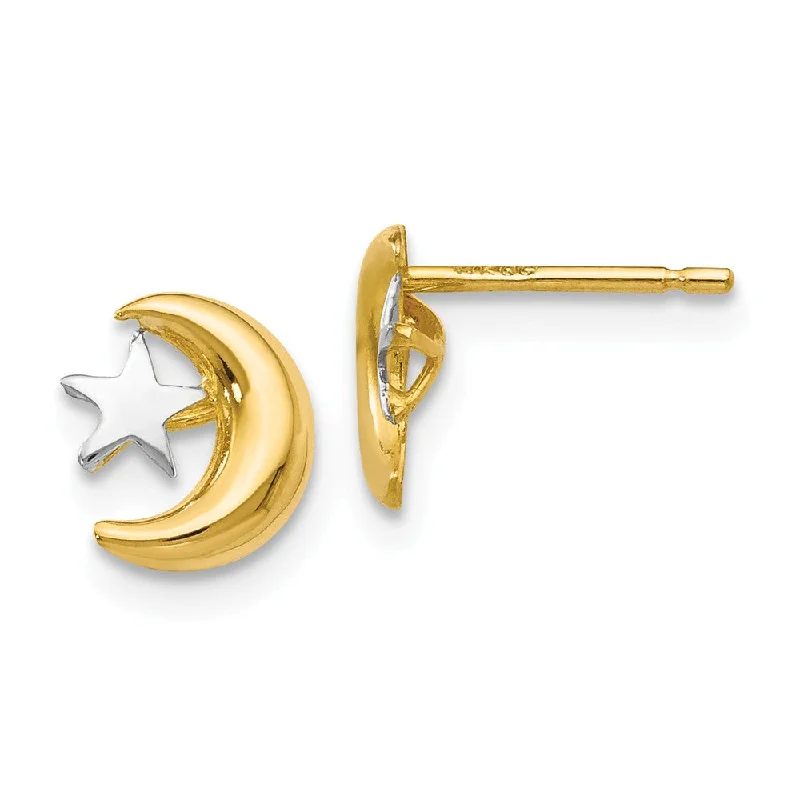 Ladies earrings future trends-8mm Two Tone Moon and Star Post Earrings in 14k Gold and Rhodium