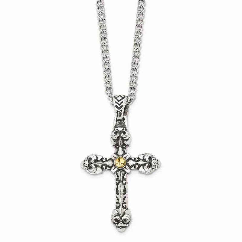 Ladies necklaces jade styles-Stainless Steel Antiqued Yellow IP-plated D/C Center Cross Necklace