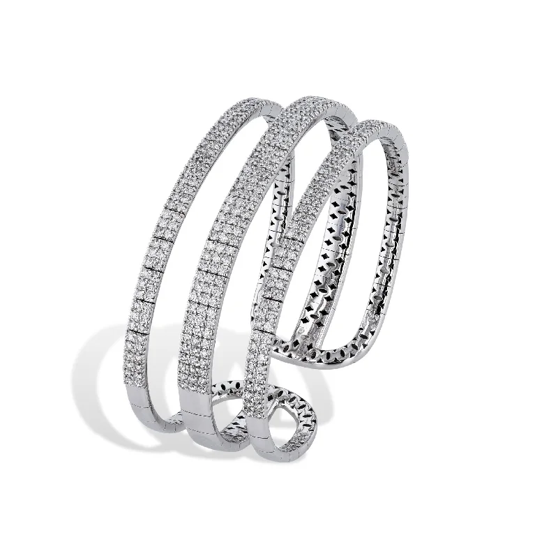 Ladies bracelets vibrant stones-Three Row White Gold Diamond Cuff Bracelet