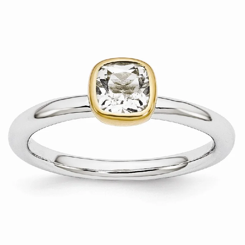 Ladies rings party wear-Two Tone Sterling Silver Stackable 5mm Cushion White Topaz Ring