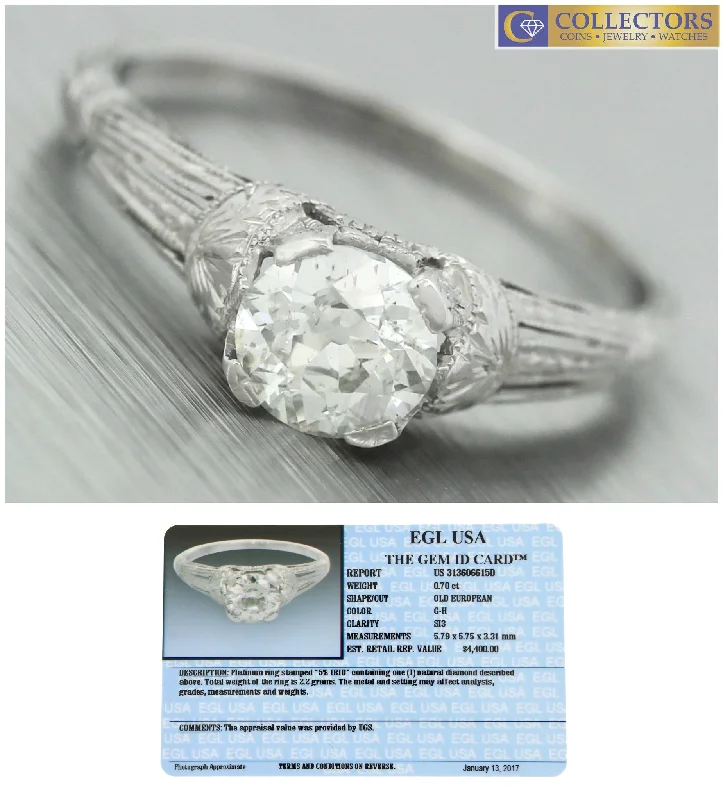 Ladies engagement rings warranty options-$4,400 Ladies Antique Art Deco Platinum 0.70ct Diamond Engagement Ring EGL USA