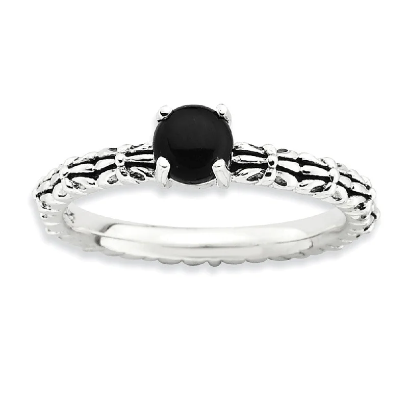 Ladies rings ruby gems-Antiqued SS Stackable Black Agate Ring