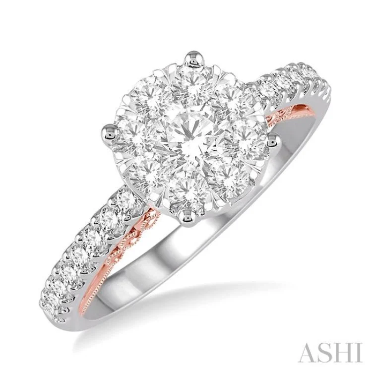 Ladies engagement rings romantic vibes-1 Ctw Round Diamond Lovebright Vintage Solitaire Style Engagement Ring in 14K White and Rose Gold