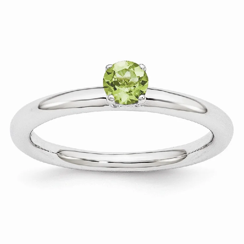 Ladies rings index finger-Rhodium Plated Sterling Silver Stackable 4mm Round Peridot Ring