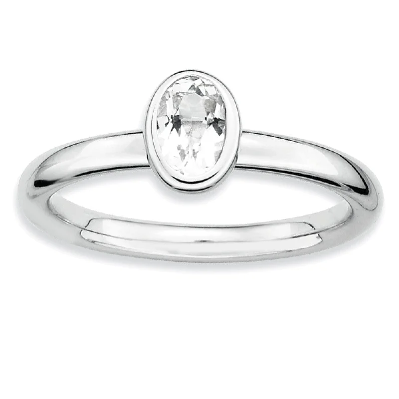 Ladies rings diamond accents-Silver Stackable Oval White Topaz Solitaire Ring