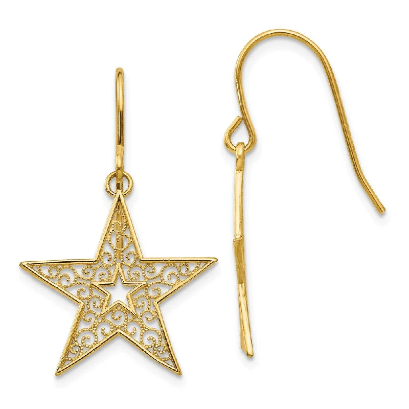 Ladies earrings handmade crafts-18mm Filigree Star Dangle Earrings in 14k Yellow Gold