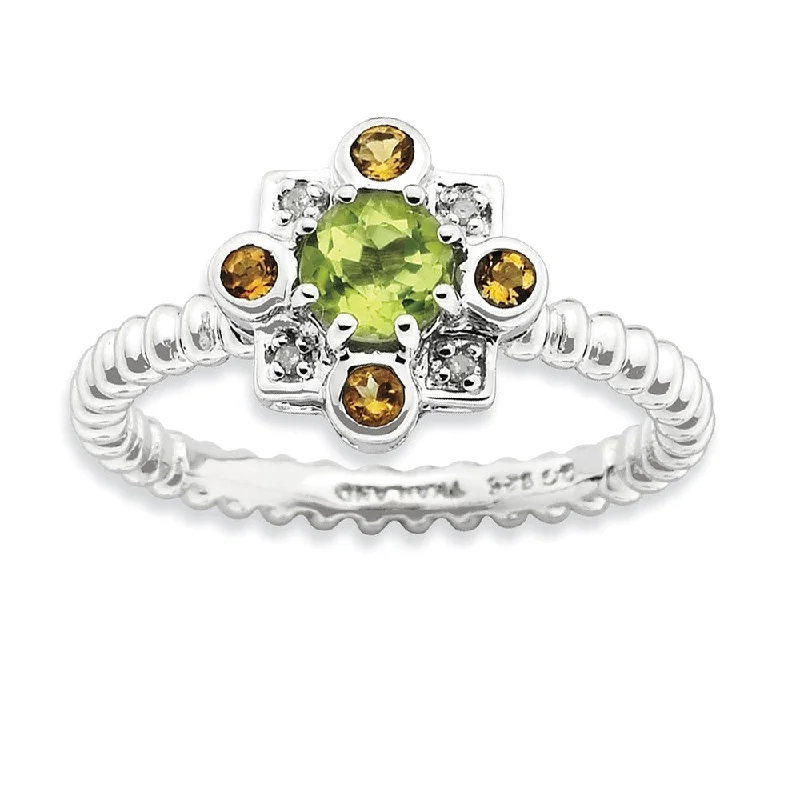 Ladies rings designer brands-Sterling Silver Stackable Peridot, Citrine & .02ctw HI/I3 Diamond Ring