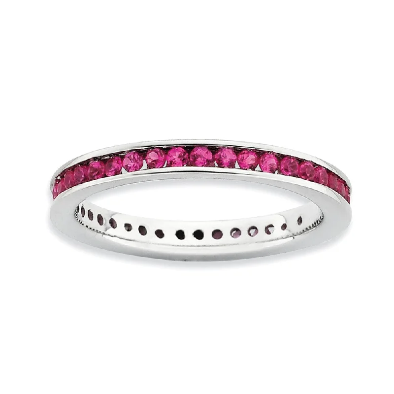 Ladies rings global brands-2.5mm Sterling Silver Stackable Created Ruby Channel Eternity Band