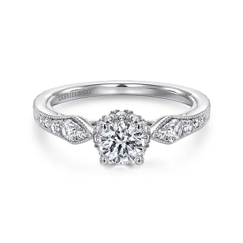 Ladies engagement rings romantic picks-Vintage Inspired 14K White Gold Round Halo Complete Diamond Engagement Ring