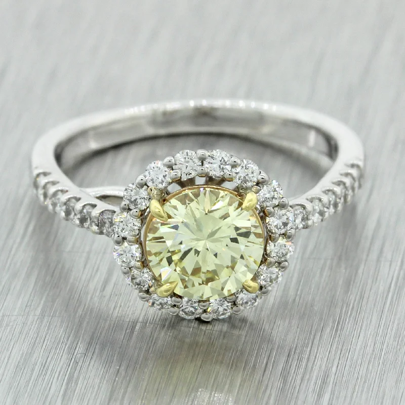 Ladies engagement rings designer pieces-Modern 18k White Gold 1.27ct Fancy Yellow Diamond Halo Engagement Ring EGL $9300