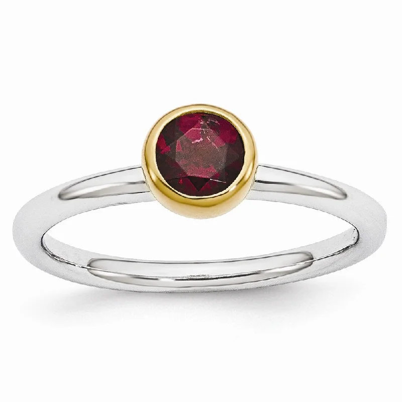 Ladies rings limited editions-Two Tone Sterling Silver Stackable 5mm Round Rhodolite Garnet Ring