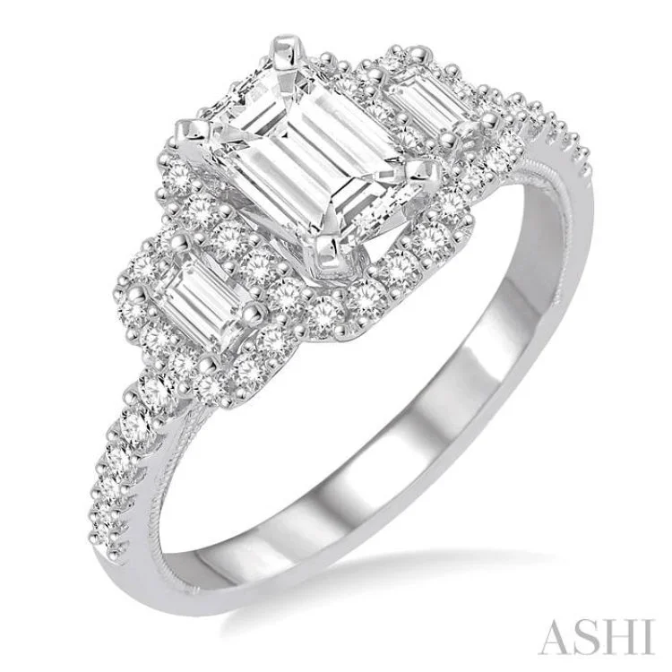 Ladies engagement rings gold designs-1 1/3 Ctw Diamond Engagement Ring with 3/4 Ct Emerald Cut Center Stone in 14K White Gold