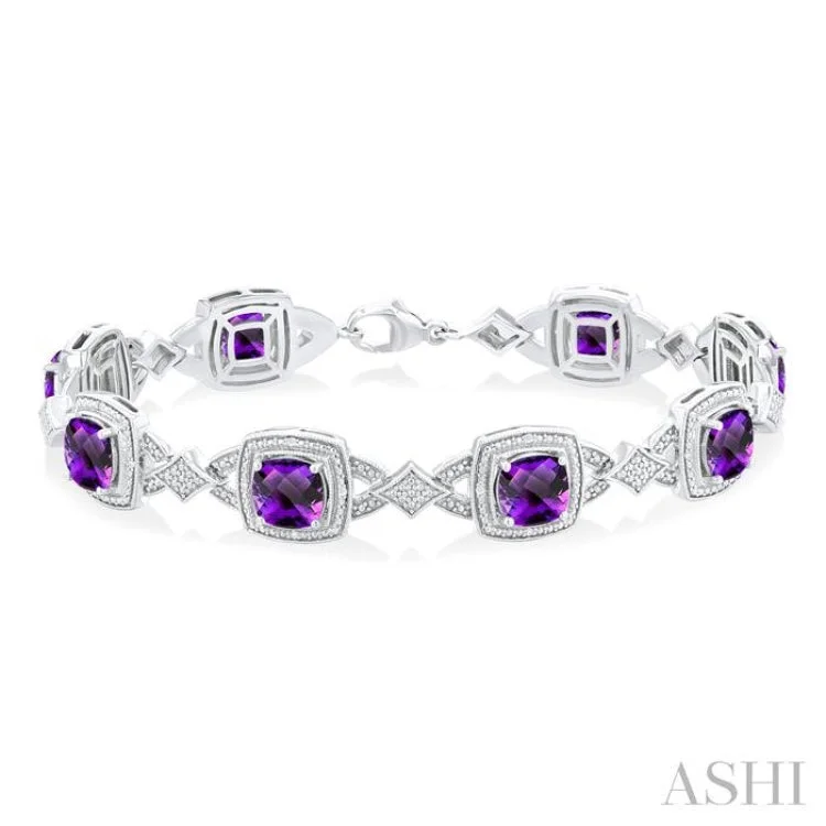 Ladies bracelets relaxed vibes-1/10 ctw Cushion Cut 7X7MM Amethyst and Round Cut Diamond Semi Precious Bracelet in Sterling Silver