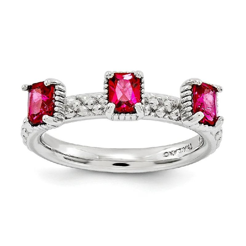 Ladies rings rose gold-Sterling Silver Stackable Created Ruby Octagon Three Stone Ring