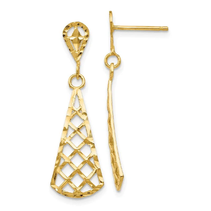 Ladies earrings pure silver-Diamond Cut Triangular Dangle Post Earrings in 14k Yellow Gold