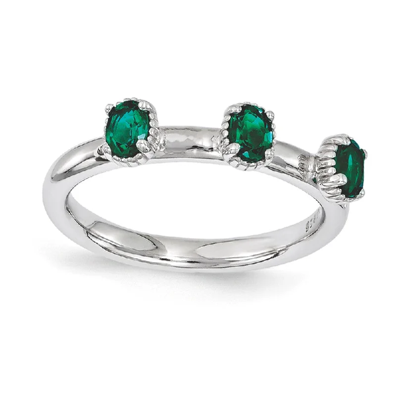 Ladies rings buying tips-Sterling Silver Stackable Created Emerald Oval Three Stone Ring