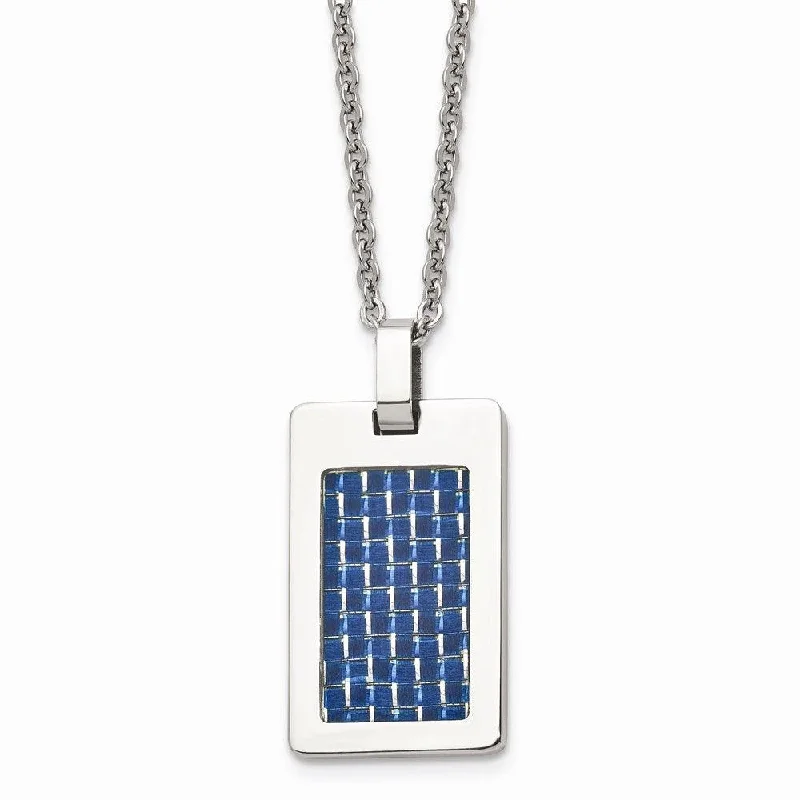 Ladies necklaces tight chokers-Stainless Steel Polished with Blue Carbon Fiber Inlay Dog Tag Necklace