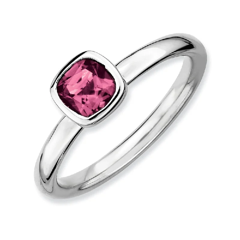 Ladies rings index finger-Silver Stackable Cushion Cut Pink Tourmaline Solitaire Ring